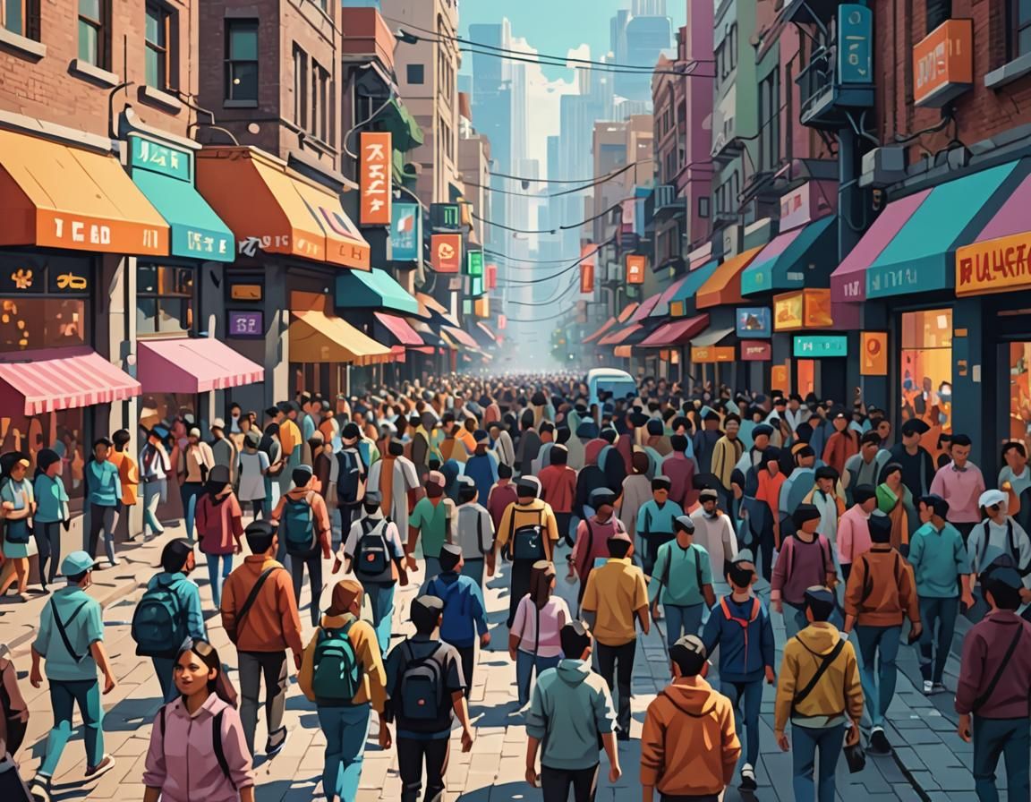 Pixel Art: Bustling Street Scene in 8-bit Style