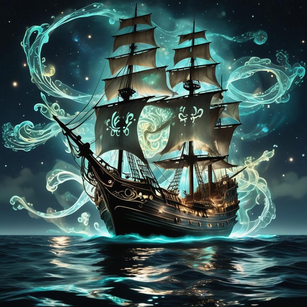 Bioluminescent Being in Deep Ocean with Pirate Ship