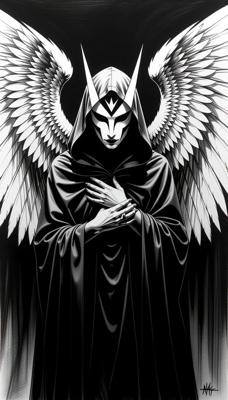 Monochrome Winged Figure in Dramatic Charcoal Sketch