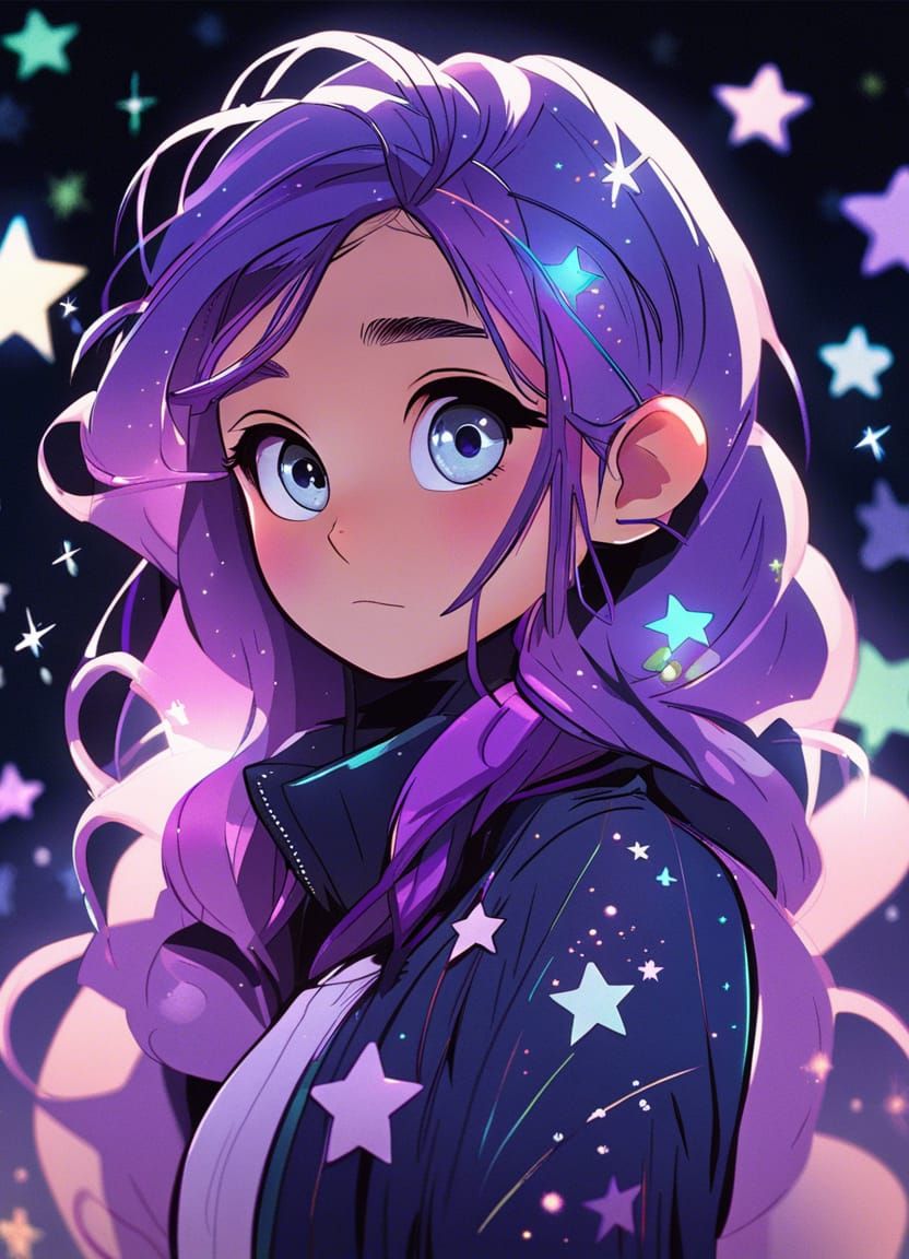 Anime Woman in Purple Starry Night