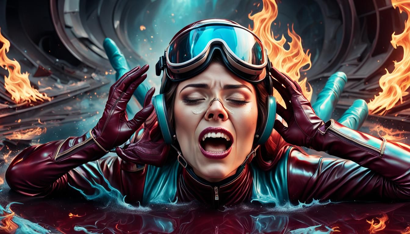 Girl in Burning Cyberpunk Outfit Cries in Fear