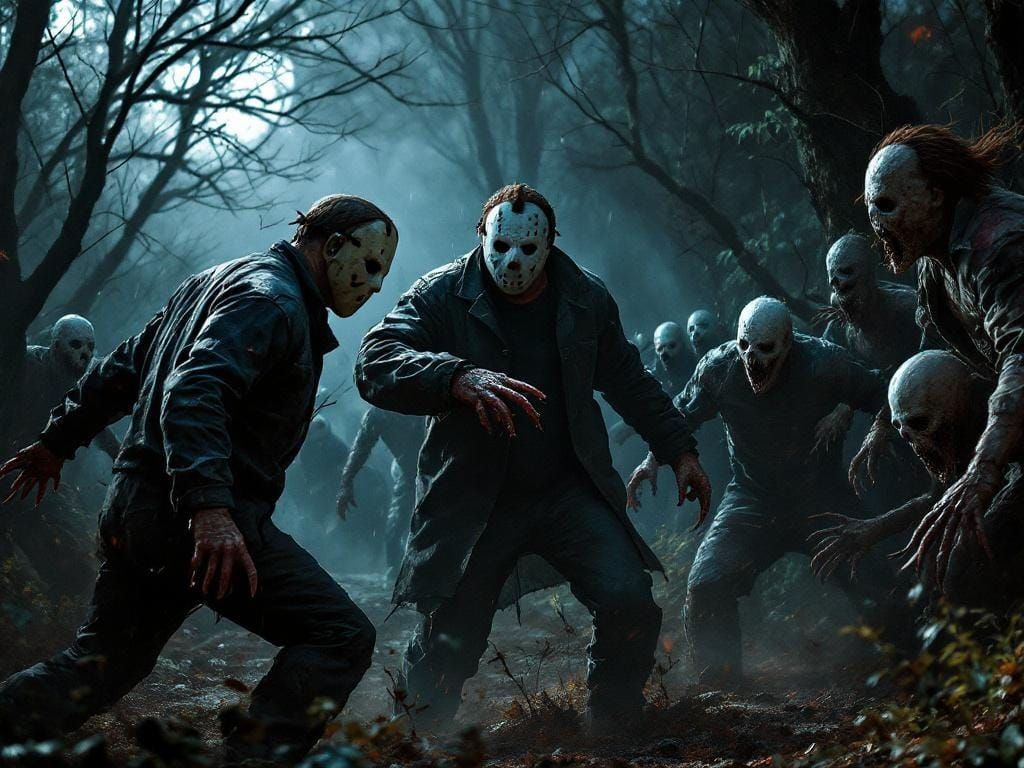 Horror Icons Battle Zombies: Hyperrealistic Cinematic Scene
