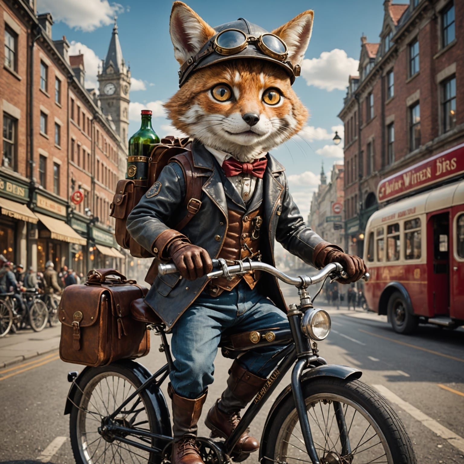 Steampunk Fox Rides Bicycle with Beer: Digital Illustration