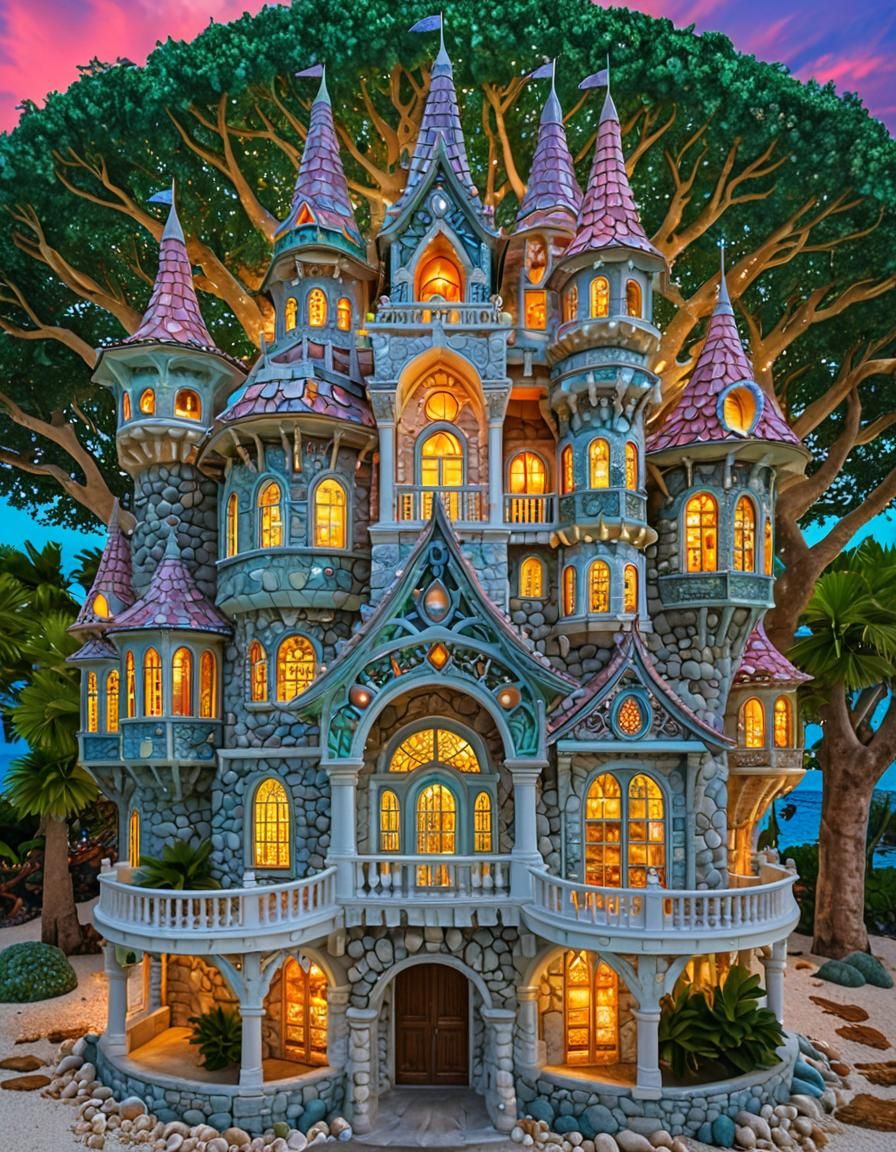 Iridescent Pearl Palace Underwater, Digital Illustration