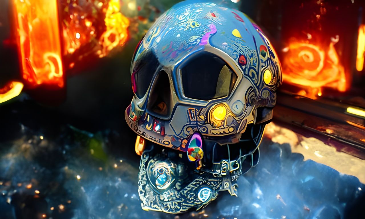Space Skull in Solarpunk Hat with Rainbow Nebulae