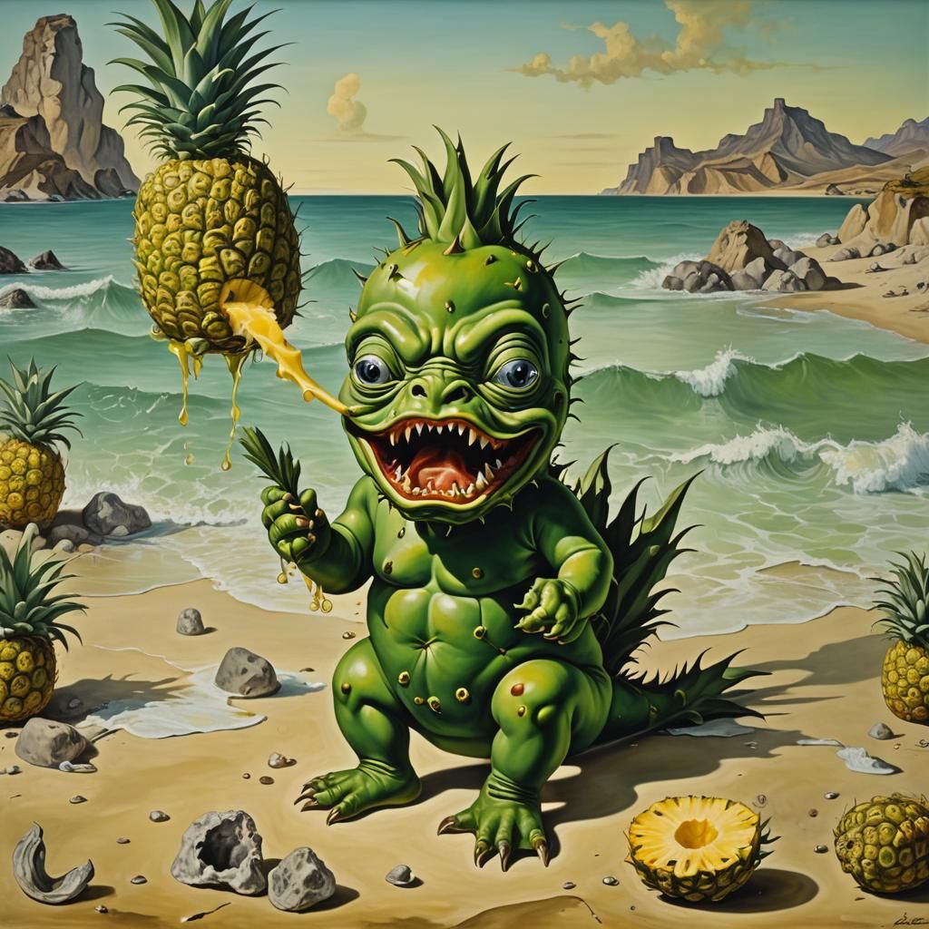 baby piranha eats pineapple on the seashore))