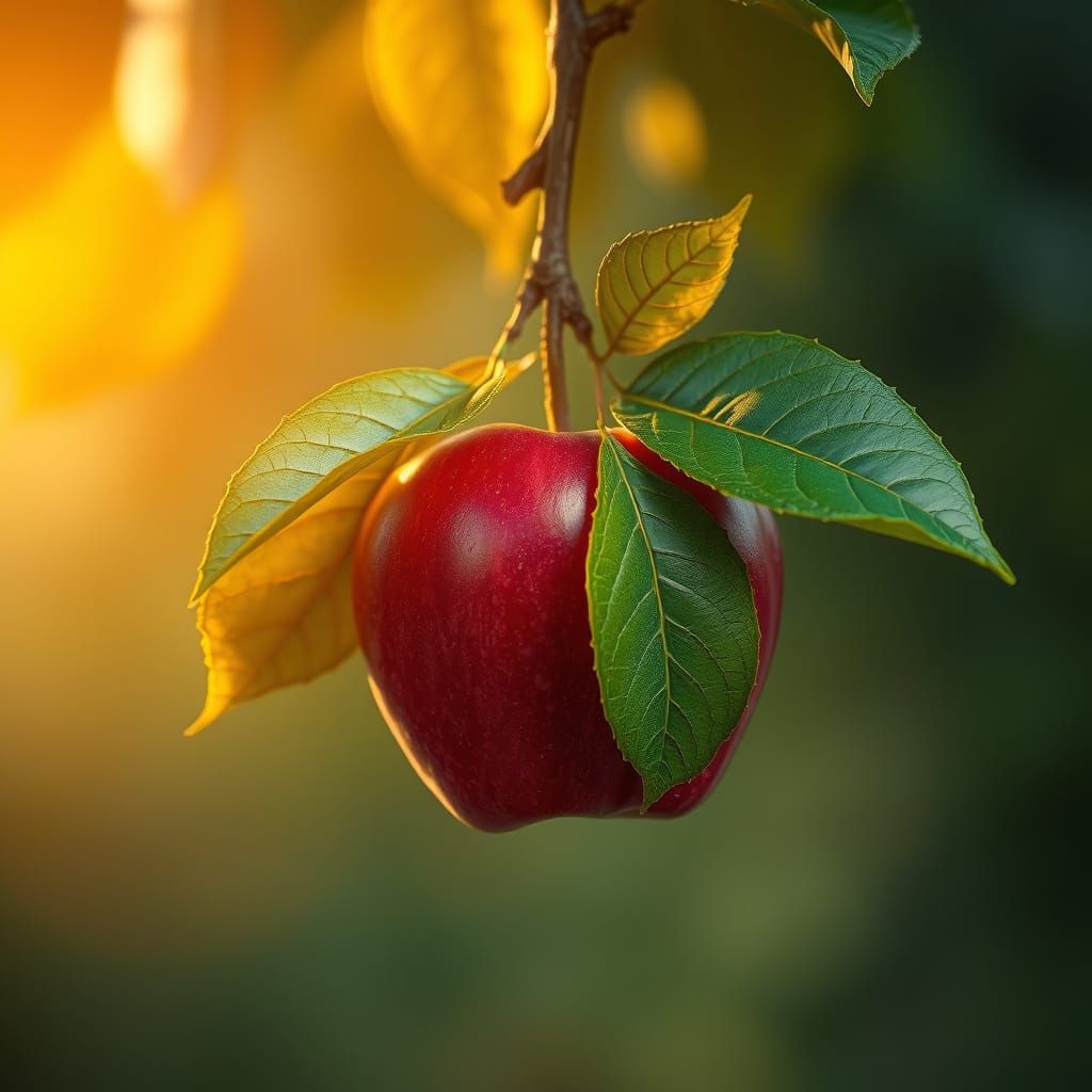 Juicy Red Apple with Green Leaf in Dreamy Light