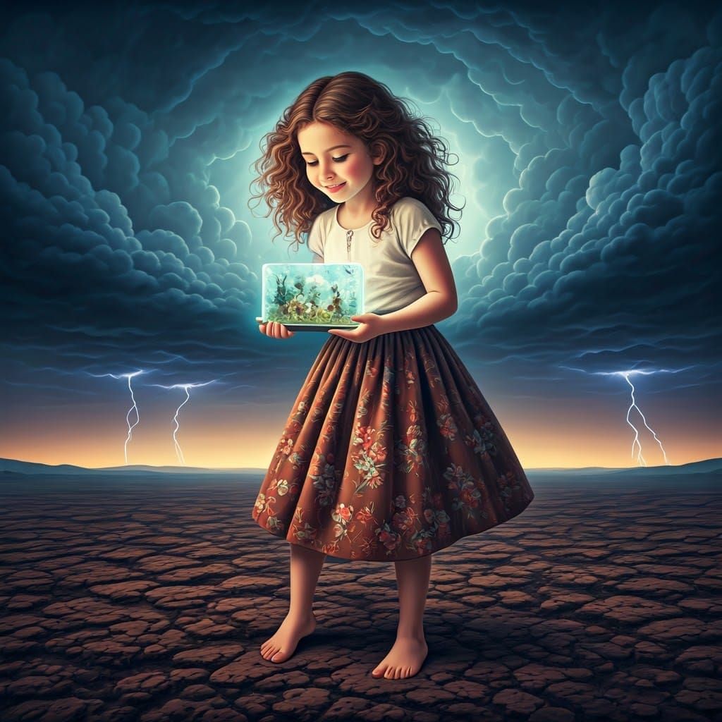 Girl Connects with Earth in Stormy Surreal Landscape