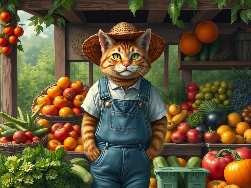 Cat Farmer with Produce at Vibrant Farm Stand