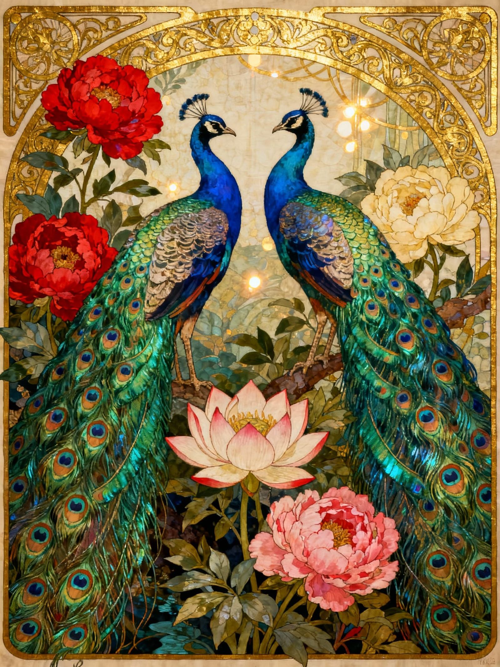 Art Nouveau Peacocks in Ornate Floral Tapestry