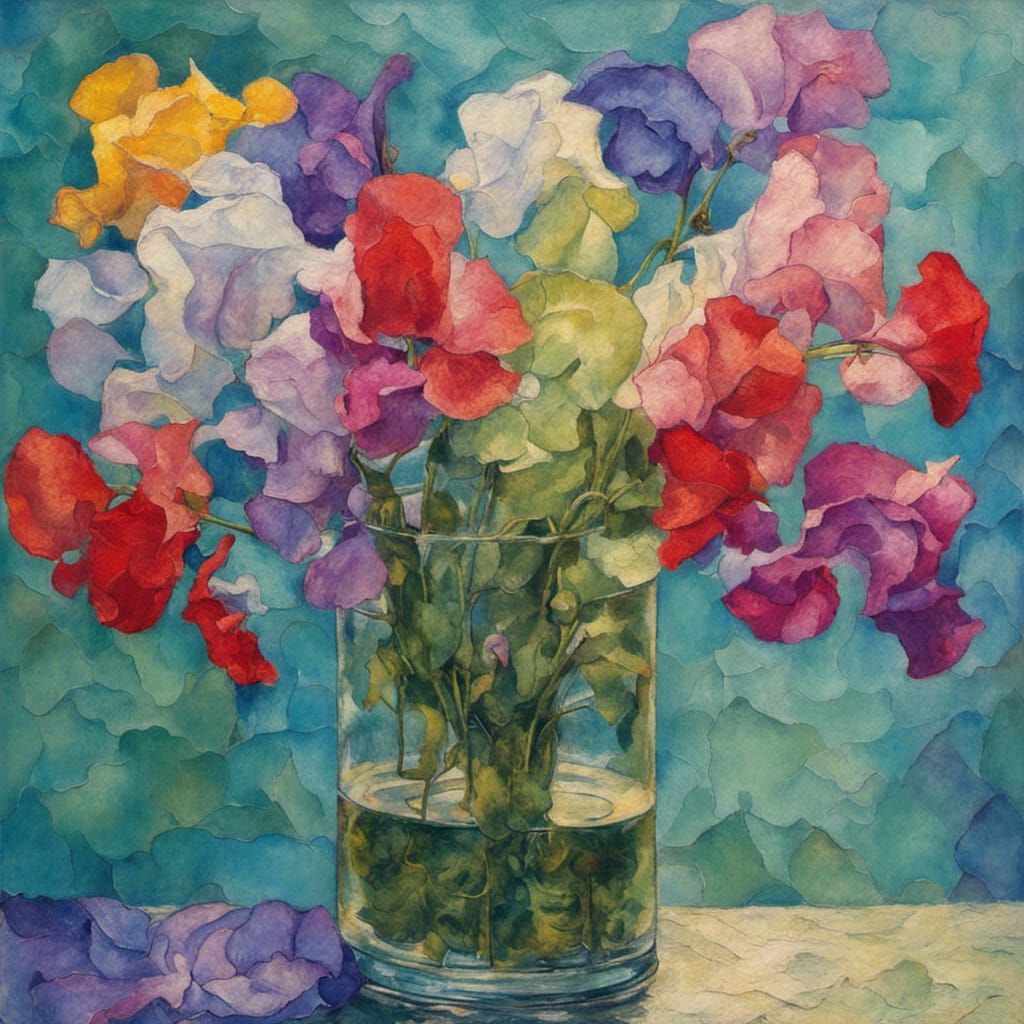 Sweet Pea Flowers in Vase: Neo-Impressionist Oil Painting