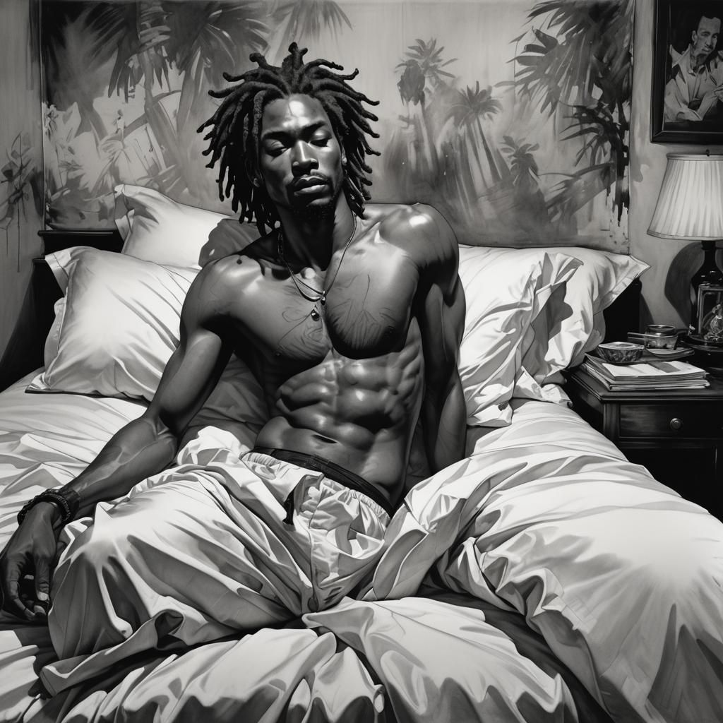 Caribbean Man Asleep: Chiaroscuro Illustration