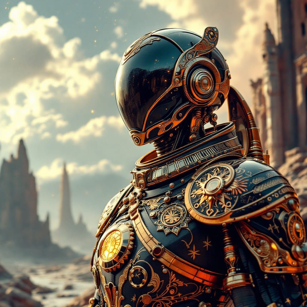 Retro-Futuristic Astronaut in Golden Art Deco Spacesuit