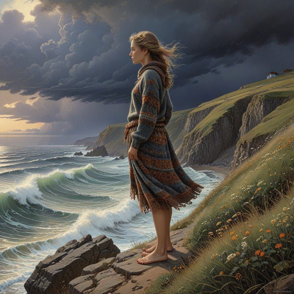 Girl Contemplates Stormy Sea in Evening Light