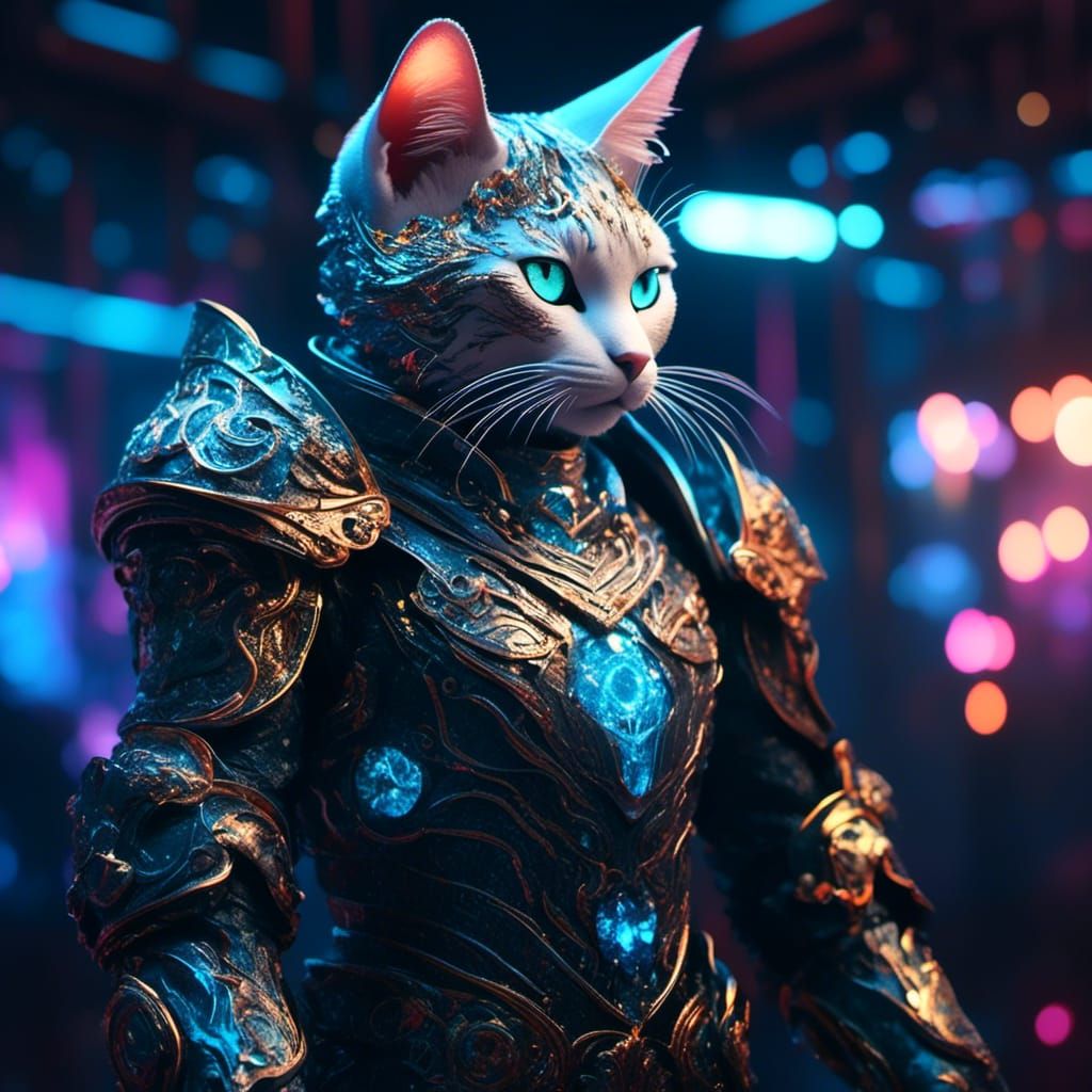 Medieval Knight Cat in Cyberpunk Style