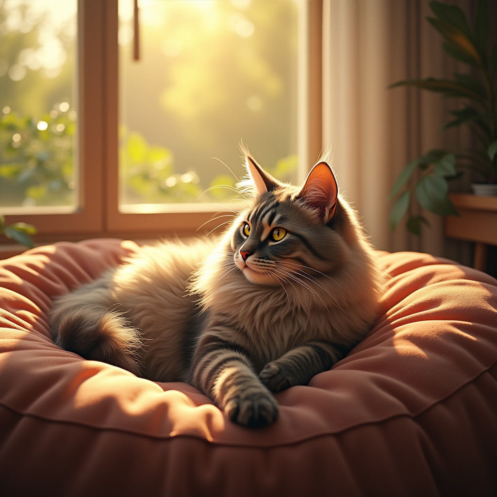 Maine Coon Cat Lounging in Warm Sunlight, 3D Anime Art