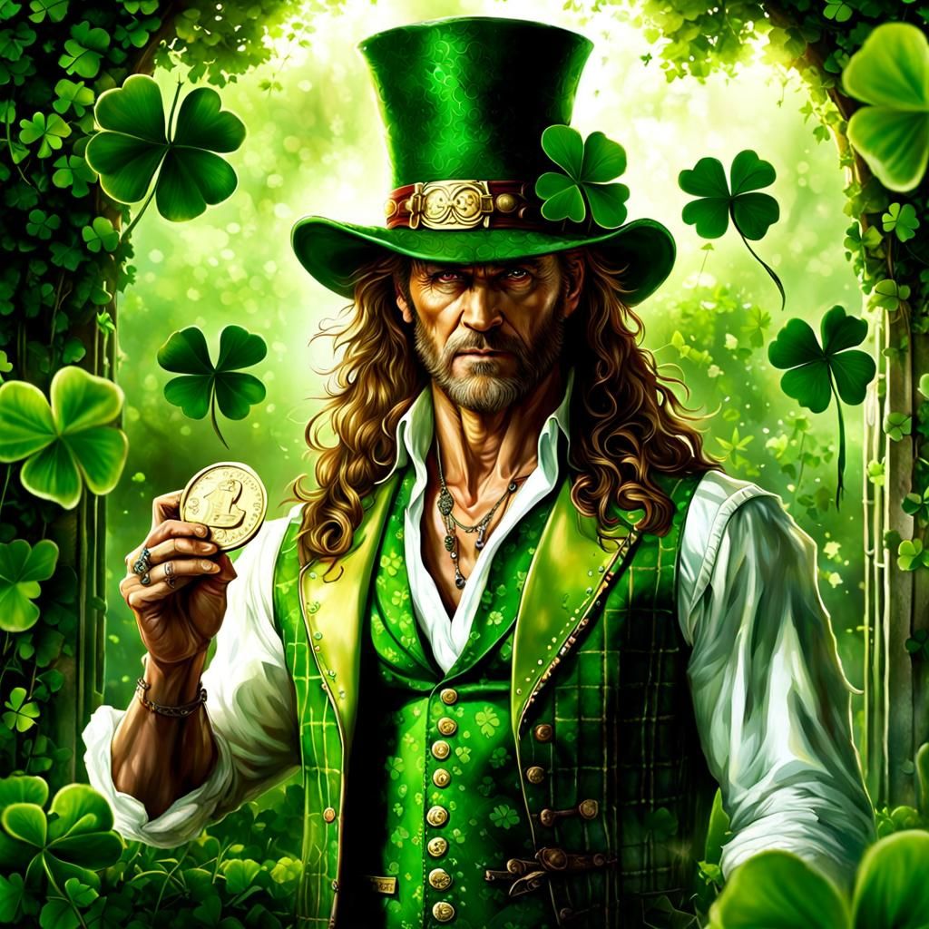 Gold-conjuring leprechaun with lucky golden coin