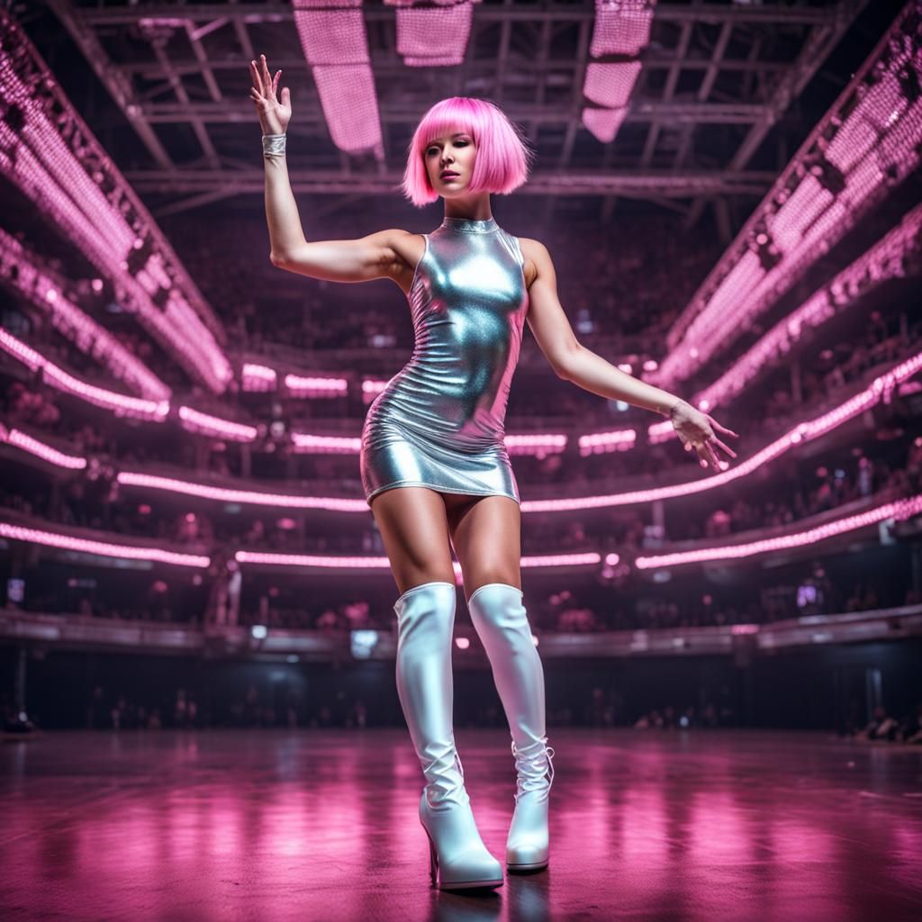 Rave Girl in Silver Dress with Pink Hair