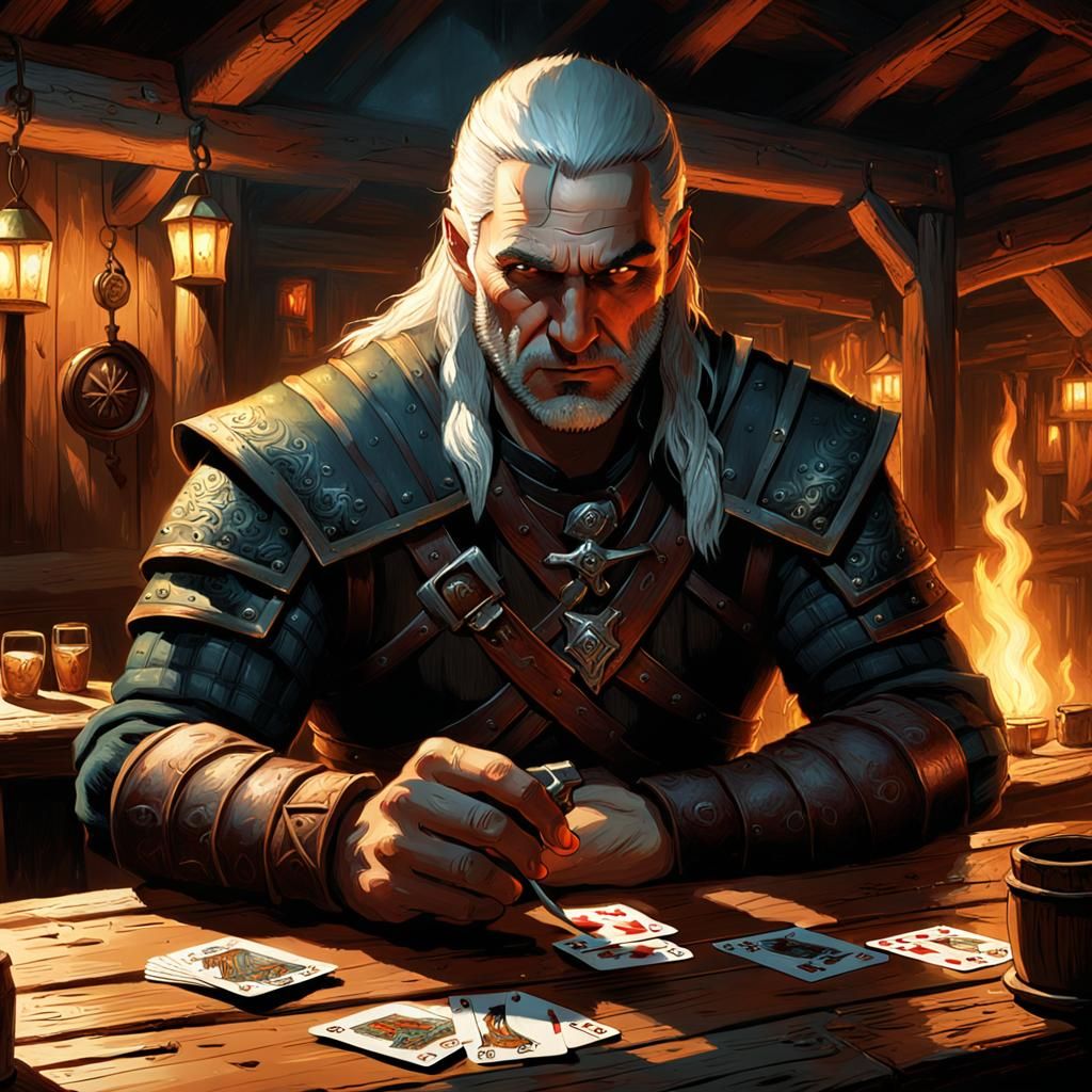 Geralt Playing Gwent in Tavern, Fantasy Art