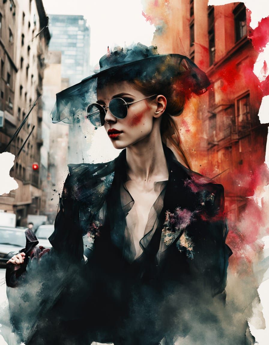 Elegantly Dressed Woman Amidst Urban Decay in Abstract Water...