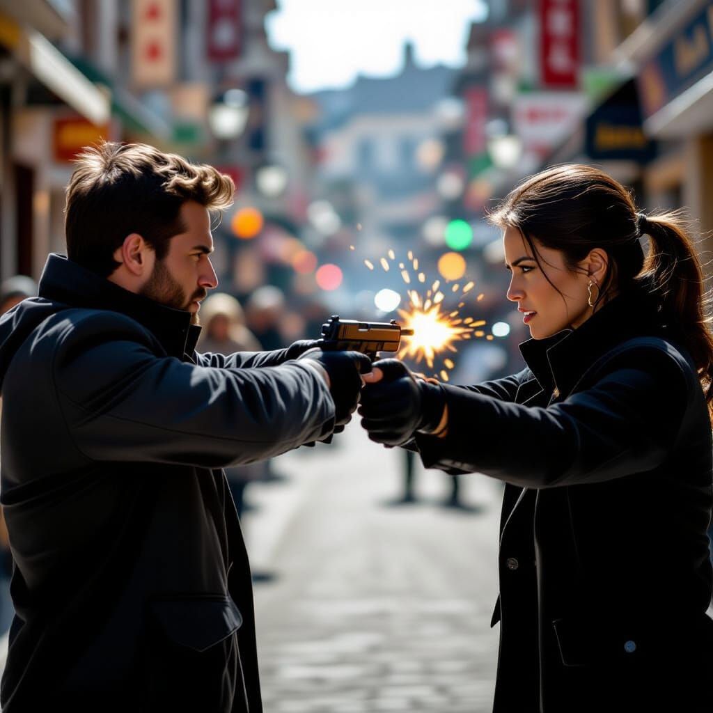 Intense Frontal Gunfight in Hyper-Realistic Photography