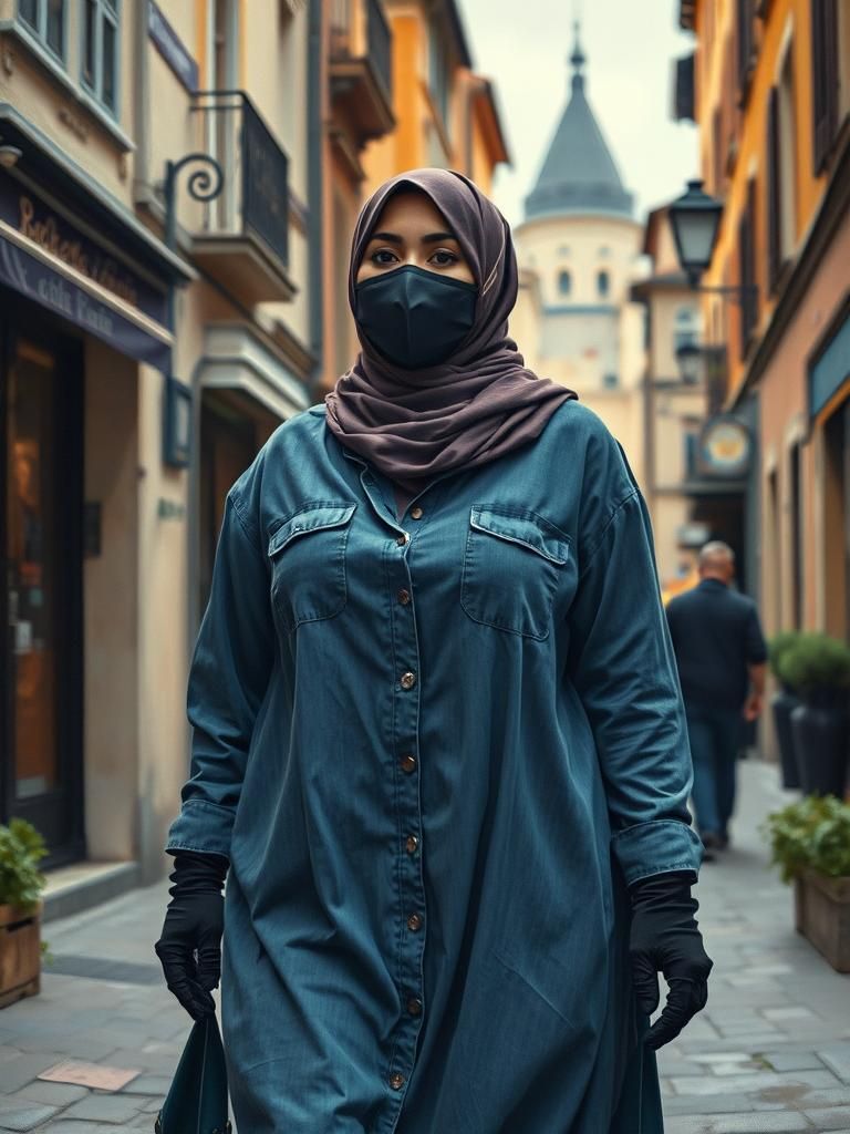 Hijabi Woman in Cityscape, Oil Painting Style