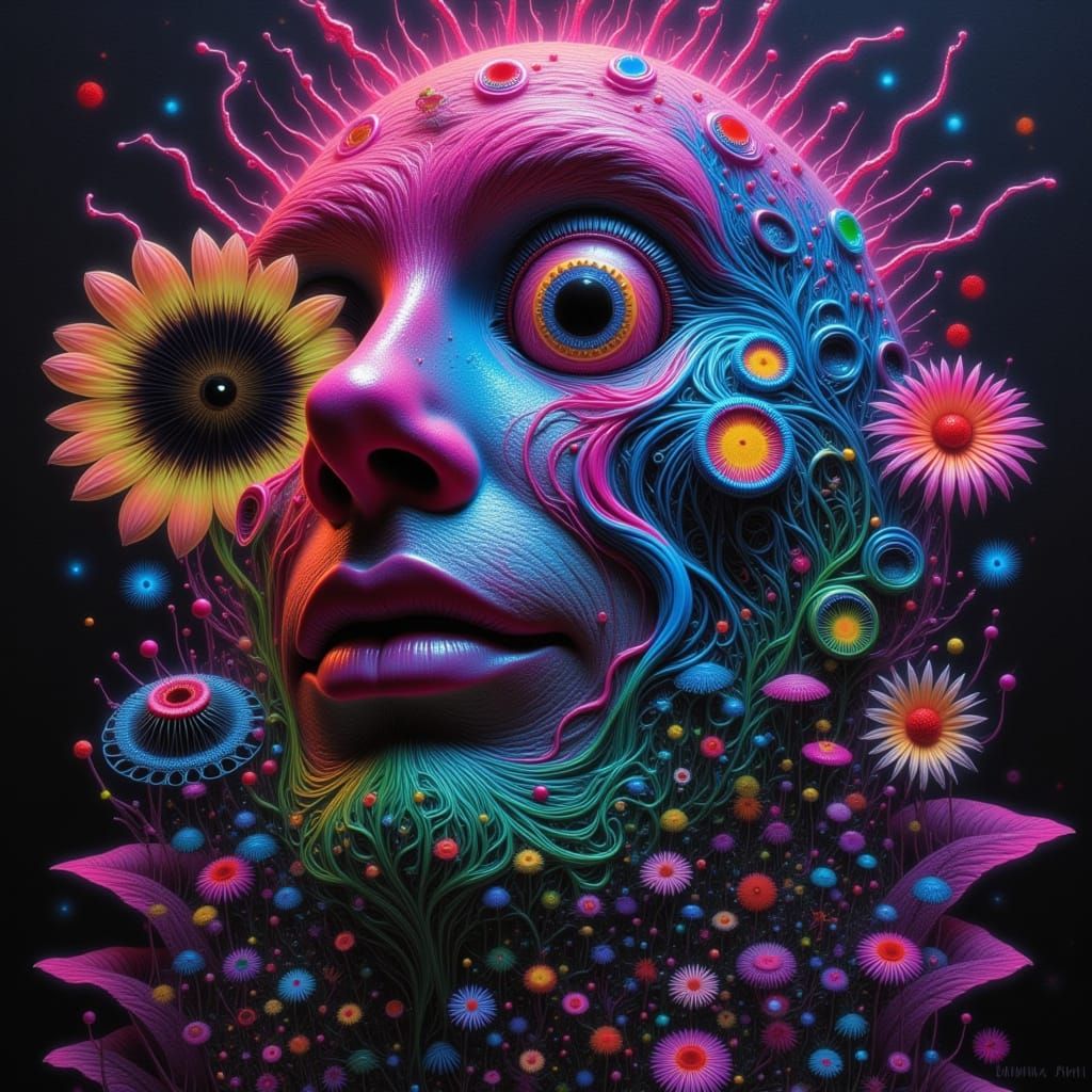 Surreal Fantasy Landscape with Neon Flowers