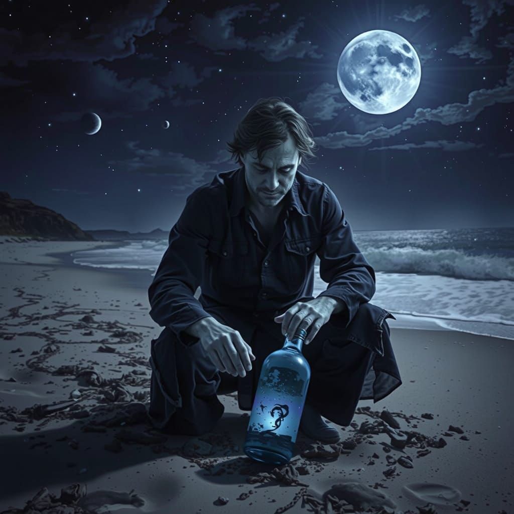 Eerie Midnight Beach Discovery in Dark Surrealism