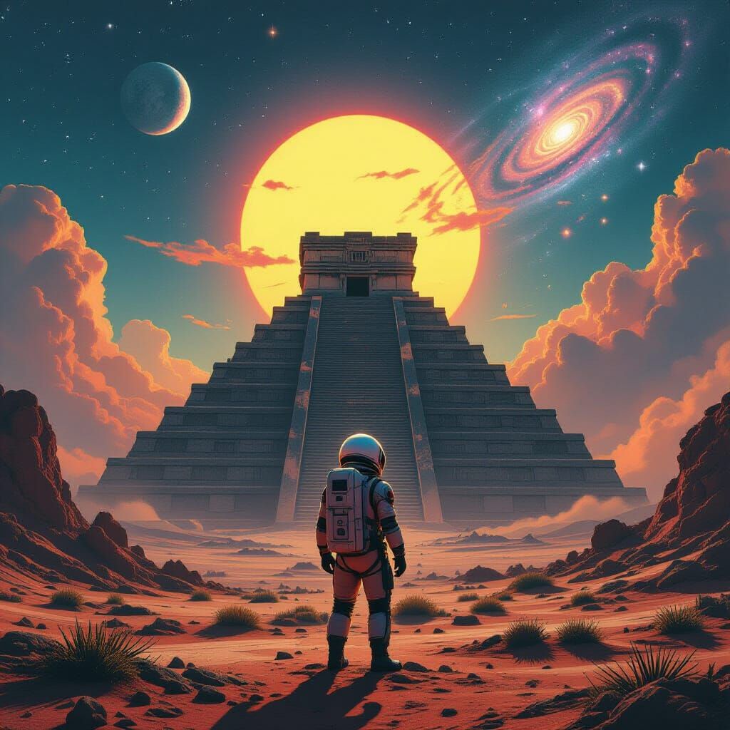 Retro-Futuristic Astronaut on Alien Planet with Pyramid