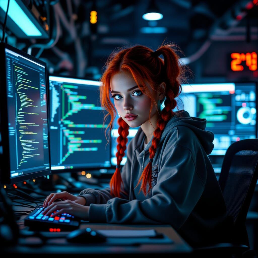 Red-Haired Hacker in Dimly Lit Room
