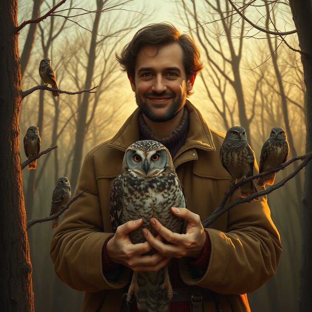 Rescued Owl Family in Dreamlike Forest Illustration