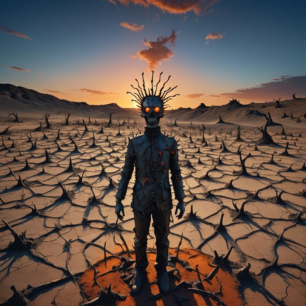 Surreal Humanoid Figure in Barren Landscape