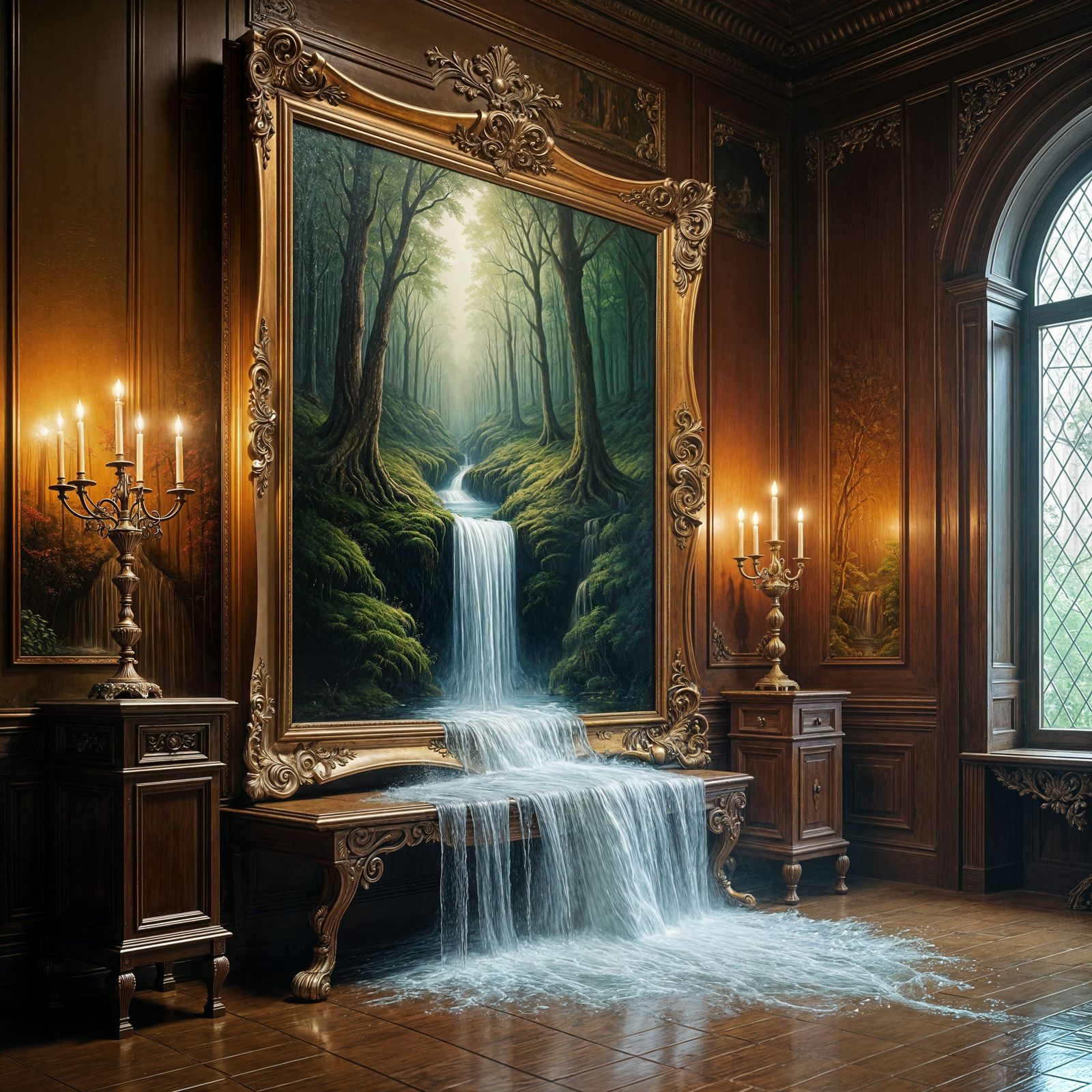 Surrealist Oil Painting of Forest and Waterfall Spilling int...