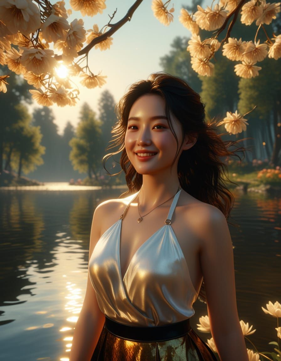 Korean Woman in Halter Top, Baroque Oil Painting