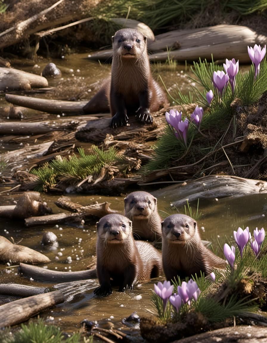 River Otter Pups Play in Spring Snow: 3D Render
