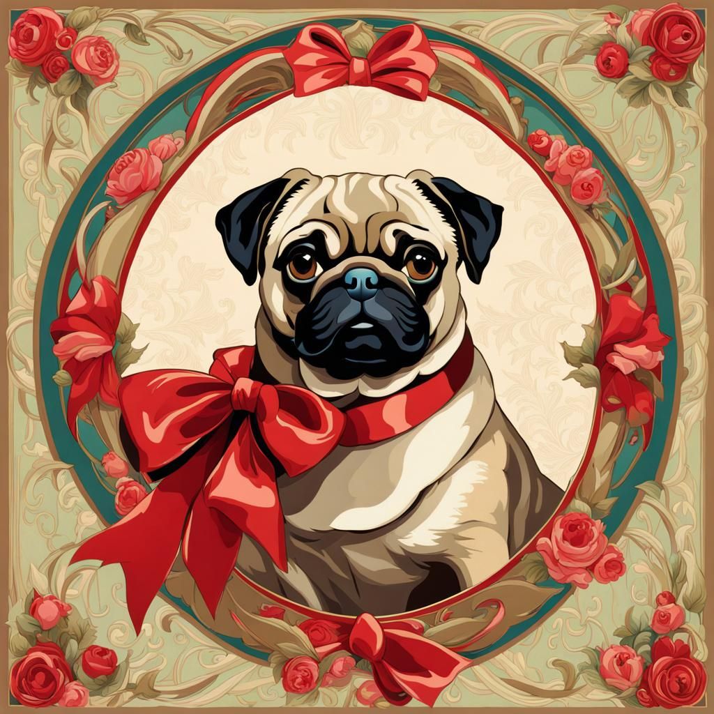 Cute Pug with Red Bow in Art Nouveau Rococo Style