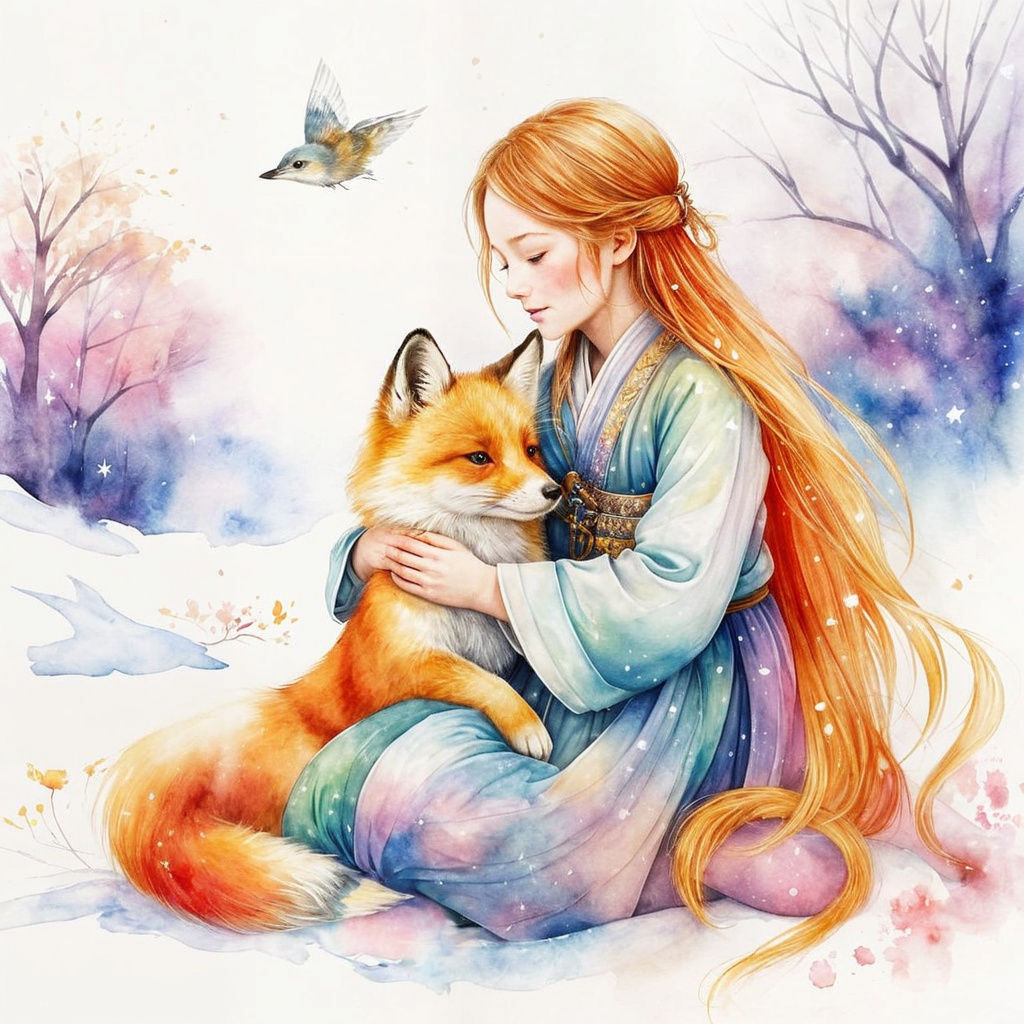 Child Hugs Fox in Snowy Watercolor Scene