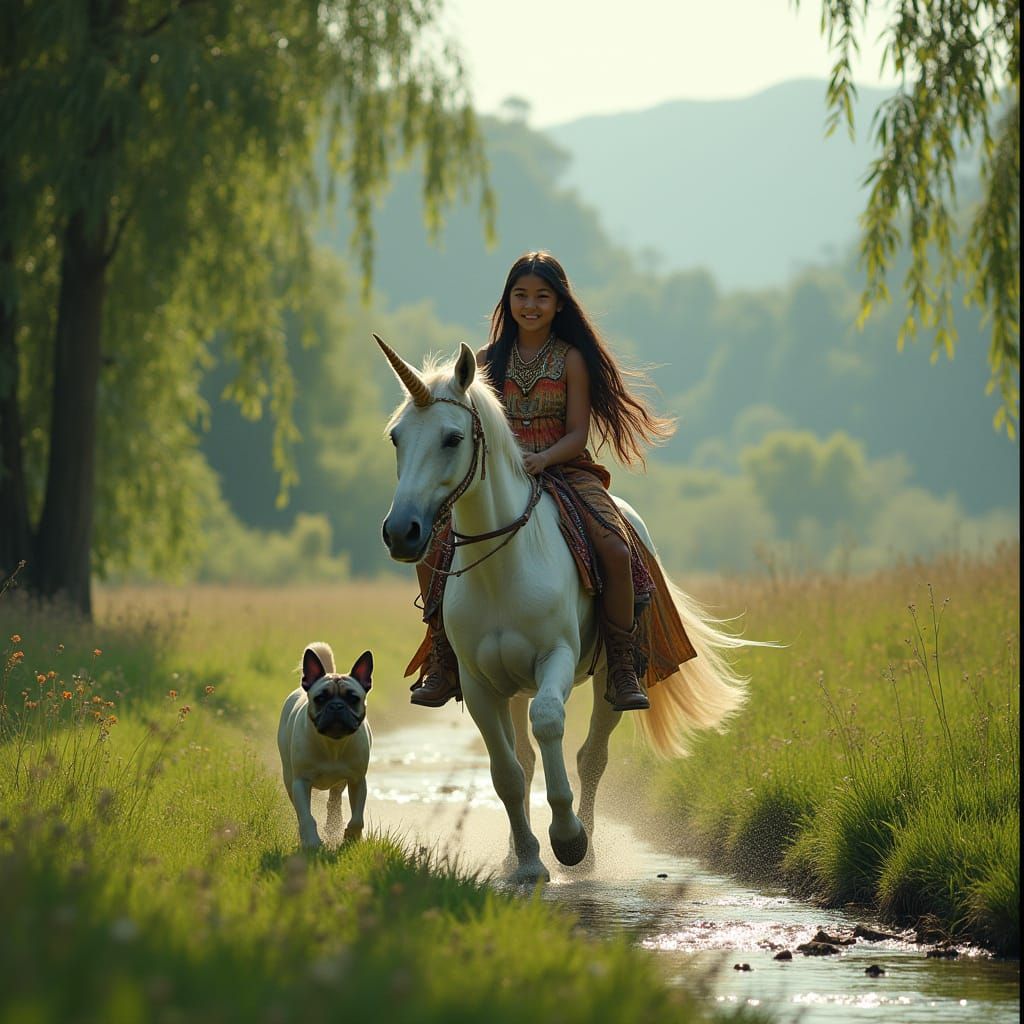 Indian Girl and Pug on Unicorn in Magical Valley
