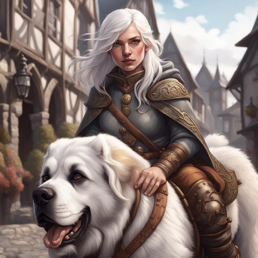 Halfling Woman on St. Bernard in Art Nouveau Style