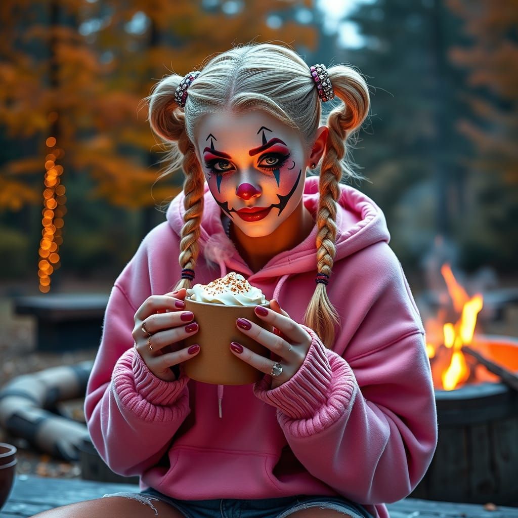 Whimsical Clown Girl Savoring Autumn Coffee