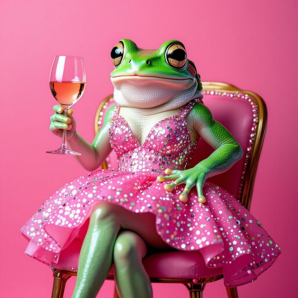 Cute Frog in Sparkling Pink Dress Poses with Wine Glass