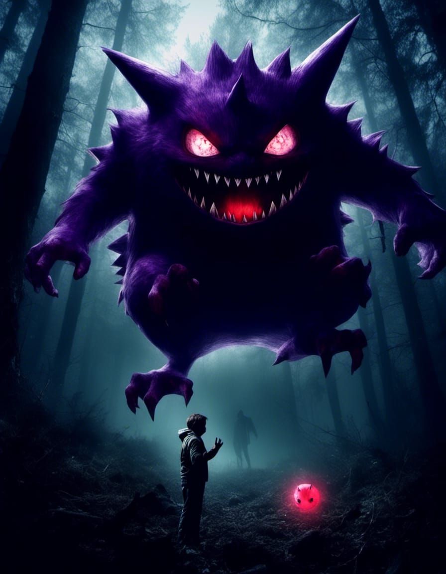 Wild Shiny Gengar Attacks Trainer in Dark Forest