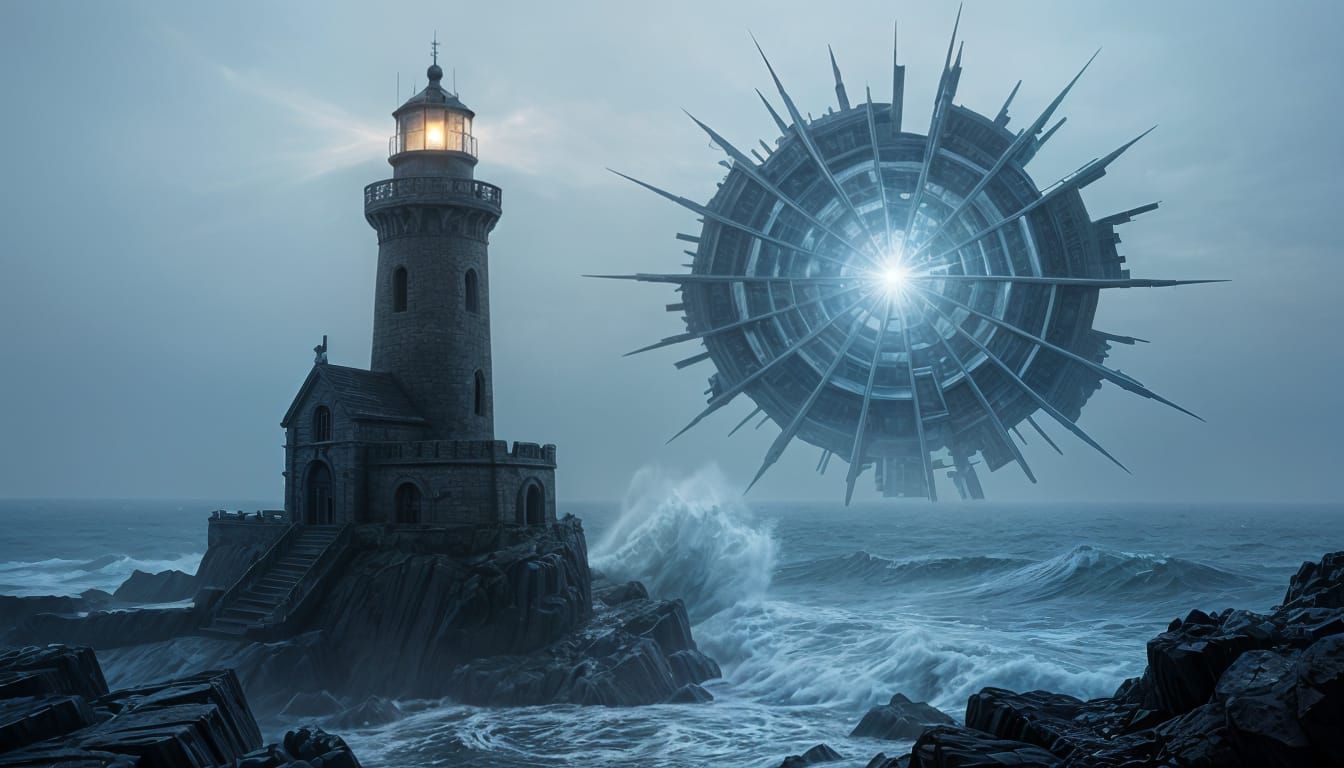 Obsidian Lighthouse on Rocky Coast in Fantasy Scene