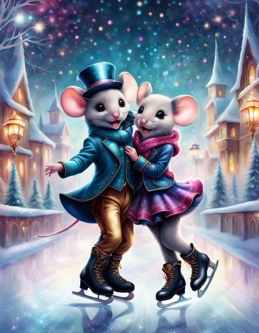 Happy mouse couple ice skating