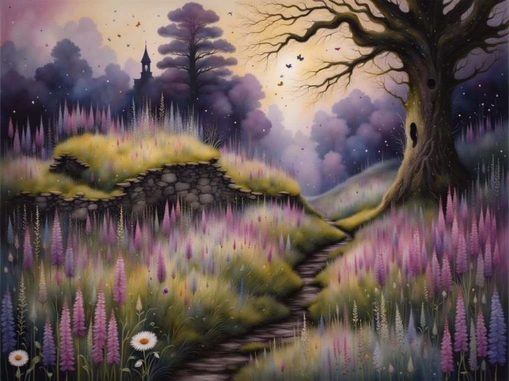 Enchanted Garden in Violet Light, Watercolor Painting