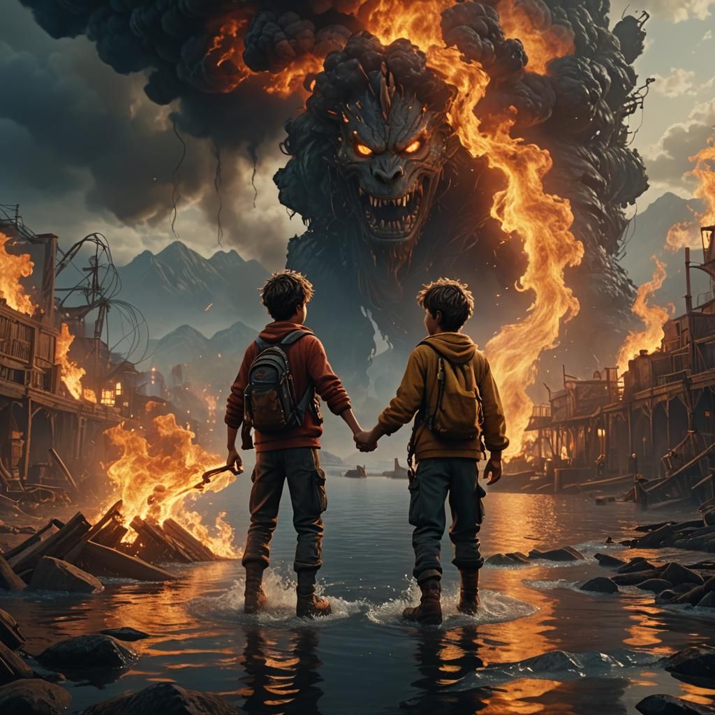 Epic Fire Boy and Water Boy Cinematic Painting