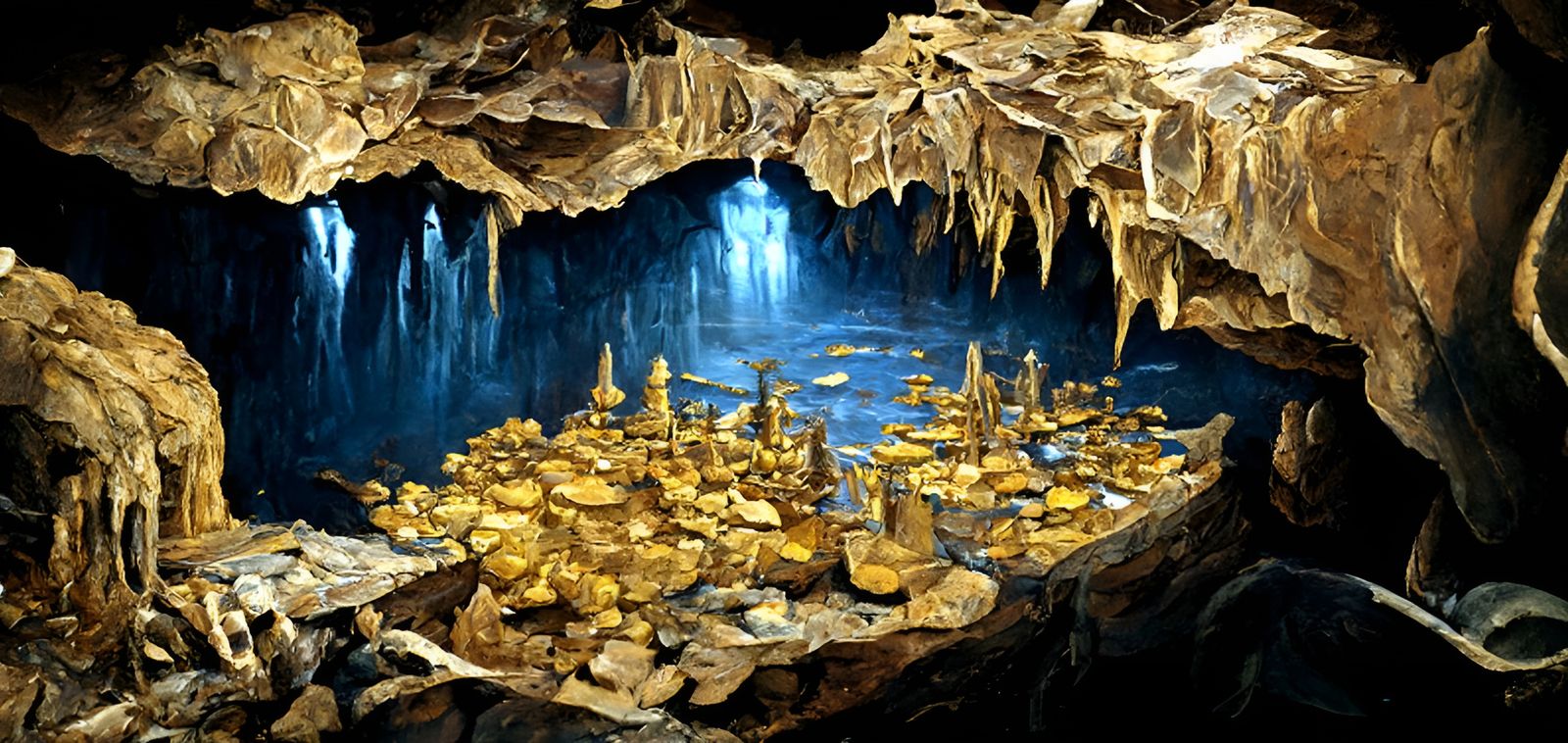 Golden Treasure Cave with Blue Lake, Fantasy Art
