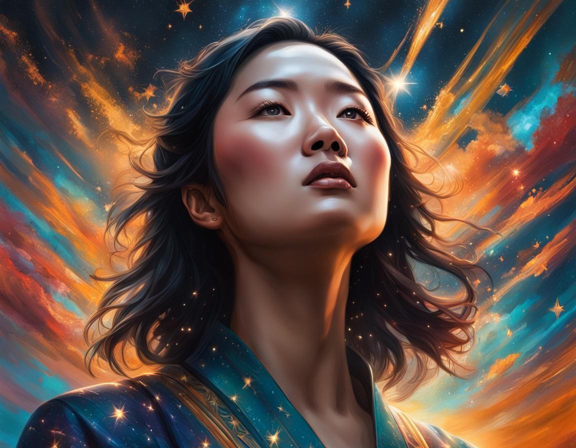 Asian Woman Reaching for Stars in Hyperrealistic Style