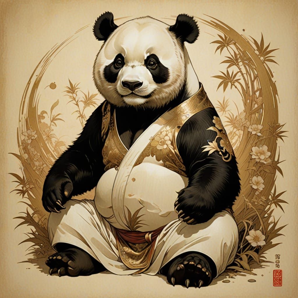 Elegant Panda Judo in Vintage Illustration Style