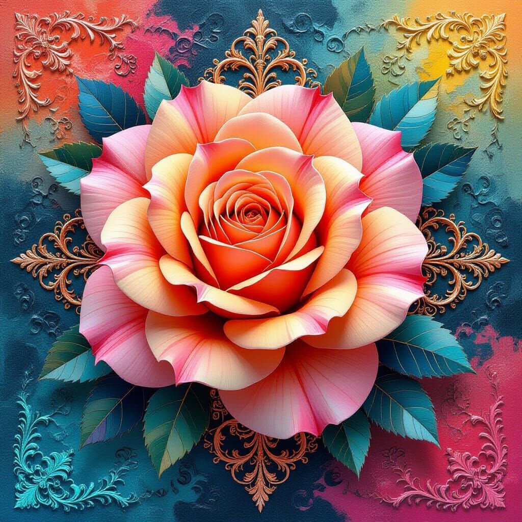 Radiant Rose with Fractal Petals and Baroque Lace